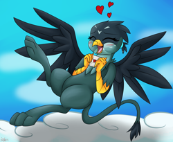 Size: 2200x1800 | Tagged: safe, artist:novaspark, gabby (mlp), bird, feline, fictional species, gryphon, mammal, feral, friendship is magic, hasbro, my little pony, blushing, cloud, eyes closed, feathered wings, feathers, female, flying, happy, heart, love letter, sky, smiling, solo, solo female, spread wings, tail, wings