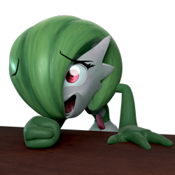 Size: 1440x1440 | Tagged: safe, artist:camchao, fictional species, gardevoir, anthro, nintendo, pokémon, 3d, blender, blender eevee, female, laughing, meme, simple background, solo, solo female, table, transparent background, wheeze