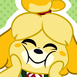 Size: 500x500 | Tagged: dead source, safe, artist:ddddspup, isabelle (animal crossing), canine, dog, mammal, shih tzu, anthro, animal crossing, nintendo, bust, cute, eyes closed, female, low res, solo, solo female, squeezing