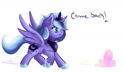 Size: 1280x769 | Tagged: safe, artist:coco-drillo, princess luna (mlp), alicorn, equine, fictional species, mammal, pony, feral, friendship is magic, hasbro, my little pony, 2020, atg 2020, clothes, crown, dialogue, feathered wings, feathers, female, frowning, horn, mare, newbie artist training grounds, peytral, regalia, shoes, solo, solo female, tail, talking, wings