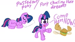 Size: 2000x1125 | Tagged: safe, artist:llamalauncher1, twilight sparkle (mlp), equine, fictional species, mammal, pony, unicorn, feral, friendship is magic, hasbro, my little pony, 16:9, 2020, atg 2020, burger, chest fluff, dialogue, eyes closed, female, fluff, food, horn, lettuce, mare, newbie artist training grounds, pillow, sleeping, solo, solo female, tail, talking, tomato, vegetables, wallpaper