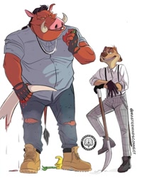 Size: 720x900 | Tagged: safe, artist:marco_bernard, pumbaa (the lion king), timon (the lion king), mammal, meerkat, suid, warthog, anthro, feral, plantigrade anthro, disney, the lion king, anthrofied, apple, boots, bottomwear, clothes, duo, duo male, english text, horns, looking at each other, male, males only, pants, shoes, signature, simple background, smiling, teeth, text, tusks, watermark, white background