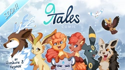 Size: 2222x1240 | Tagged: safe, artist:hioshiru, artist:kejifox, oc, oc only, oc:chief (9tales), oc:dean (9tales), oc:erin (9tales), oc:fallie (9tales), oc:felicity (9tales), oc:glacie (9tales), oc:lumen (9tales), oc:pex (9tales), oc:sam (9tales), bird, bird of prey, cervid, eeveelution, fictional species, leafeon, mammal, mightyena, noctowl, owl, persian (pokémon), sawsbuck, seagull, umbreon, vulpix, wingull, feral, 9tales comic, nintendo, pokémon, 2019, antlers, bird feet, black feathers, black fur, brown eyes, brown feathers, brown fur, cheek fluff, chest fluff, cloud, comic, concerned, cover art, digital art, ear fluff, explicit source, fangs, feathered wings, feathers, female, fluff, flying, fur, gray fur, group, hair, happy, looking at you, male, mountain, multiple tails, one eye closed, open mouth, orange fur, orange hair, red eyes, red hair, signature, smiling, tail, tail feathers, tan fur, teal eyes, teeth, tongue, tongue out, white feathers, wings, yellow fur, yellow sclera