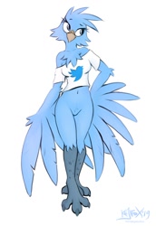 Size: 882x1280 | Tagged: safe, artist:kejifox, tweetfur, bird, songbird, anthro, digitigrade anthro, twitter, 2019, arm fluff, beak, belly button, bird feet, black body, blue eyes, blue feathers, bottomless, breasts, cheek fluff, chest fluff, claws, clothes, crop top, cropped shirt, eyelashes, feathered wings, feathers, featureless crotch, female, fluff, front view, head fluff, looking sideways, nudity, partial nudity, pubic fluff, signature, simple background, solo, solo female, topwear, twitter logo, white background, white shirt, winged arms, wings