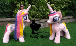 Size: 1652x1000 | Tagged: safe, artist:wollyshop, princess cadence (mlp), alicorn, equine, fictional species, human, mammal, pony, feral, friendship is magic, hasbro, my little pony, 2012, duo, duo female, feathered wings, feathers, female, folded wings, horn, irl, mare, photo, photographed artwork, plushie, smiling, tail, watermark, wings