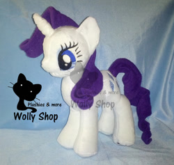 Size: 979x928 | Tagged: safe, artist:wollyshop, rarity (mlp), equine, fictional species, mammal, pony, unicorn, feral, friendship is magic, hasbro, my little pony, 2012, female, horn, irl, mare, photo, photographed artwork, plushie, smiling, solo, solo female, tail, watermark