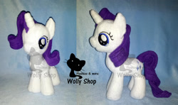 Size: 1500x885 | Tagged: safe, artist:wollyshop, rarity (mlp), equine, fictional species, mammal, pony, unicorn, feral, friendship is magic, hasbro, my little pony, 2012, commission, female, filly, foal, horn, irl, photo, photographed artwork, plushie, solo, solo female, tail, young, younger