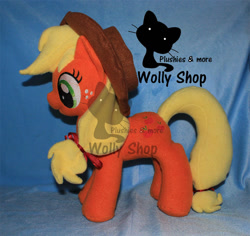 Size: 952x900 | Tagged: safe, artist:wollyshop, applejack (mlp), earth pony, equine, fictional species, mammal, pony, feral, friendship is magic, hasbro, my little pony, 2012, clothes, commission, female, freckles, hair band, hat, irl, mare, photo, photographed artwork, plushie, smiling, solo, solo female, tail, watermark
