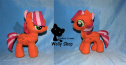 Size: 1000x518 | Tagged: safe, artist:wollyshop, babs seed (mlp), earth pony, equine, fictional species, mammal, pony, feral, friendship is magic, hasbro, my little pony, 2012, female, filly, foal, freckles, irl, photo, photographed artwork, plushie, smiling, solo, solo female, tail, watermark, young