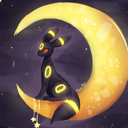 Size: 1011x1016 | Tagged: safe, artist:anakoluth, eeveelution, fictional species, mammal, umbreon, feral, nintendo, pokémon, 2019, ambiguous gender, crescent, crescent moon, fluff, moon, night, signature, sitting, solo, solo ambiguous, stars, tail, tail fluff, tangible heavenly object, transparent moon