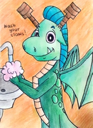 Size: 1665x2275 | Tagged: safe, artist:radomila radon, oc, oc only, dragon, fictional species, sea dragon, feral, klara viskova, 2020, faucet, looking at you, male, solo, solo male, tail, traditional art, washing, water