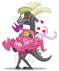 Size: 680x826 | Tagged: safe, artist:changeling #209458, baff (mlp), ballista (mlp), dragon, fictional species, reptile, western dragon, anthro, friendship is magic, hasbro, my little pony, bafflista (mlp), bridal carry, carrying, cute, dragoness, duo, female, heart, male, male/female, on model, shipping, show accurate, simple background, sweat, tail, white background