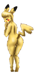 Size: 952x2000 | Tagged: source needed, suggestive, artist:tomtornados, fictional species, pikachu, anthro, digitigrade anthro, nintendo, pokémon, anthrofied, brown eyes, colored pupils, female, fluff, fur, hair, looking at you, looking back, looking back at you, nudity, open mouth, rear view, simple background, solo, solo female, tail, tail fluff, white background, yellow fur, yellow hair