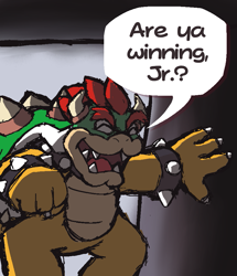 Size: 805x937 | Tagged: safe, artist:donutpastry, bowser (mario), fictional species, koopa, reptile, anthro, mario (series), nintendo, 2020, abstract background, claws, english text, eyes closed, fangs, front view, hair, horns, male, meme, monologue, open mouth, red hair, smiling, solo, solo male, spiked wristband, spikes, talking, teeth, text, wristband, yellow body
