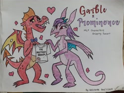 Size: 4128x3096 | Tagged: safe, artist:radomila radon, garble (mlp), prominence (mlp), dragon, fictional species, reptile, western dragon, feral, friendship is magic, hasbro, my little pony, 2019, bipedal, claws, clothes, dragoness, duo, female, flower, garbinence (mlp), heart, male, male/female, on model, open mouth, ribbon, sharp teeth, shipping, shirt, tail, teeth, topwear, traditional art