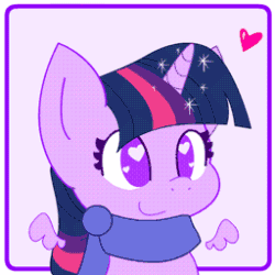 Size: 256x256 | Tagged: safe, artist:hungrysohma, part of a set, twilight sparkle (mlp), alicorn, equine, fictional species, mammal, pony, feral, cc by-nc-nd, creative commons, friendship is magic, hasbro, my little pony, 2014, 2d, 2d animation, animated, bouncing, chibi, clothes, cute, female, flapping, floating wings, gif, hair, heart, heart eyes, horn, low res, magic, mane, mare, scarf, smiling, solo, solo female, wingding eyes, wings