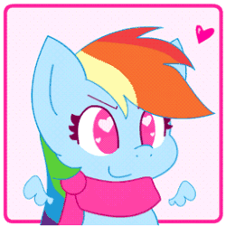 Size: 256x256 | Tagged: safe, artist:hungrysohma, part of a set, rainbow dash (mlp), equine, fictional species, mammal, pegasus, pony, feral, cc by-nc-nd, creative commons, friendship is magic, hasbro, my little pony, 1:1, 2014, 2d, 2d animation, animated, bouncing, chibi, clothes, cute, female, flapping, floating wings, gif, hair, heart, heart eyes, low res, mane, scarf, smiling, solo, solo female, wingding eyes, wings