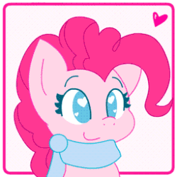 Size: 256x256 | Tagged: safe, artist:hungrysohma, part of a set, pinkie pie (mlp), earth pony, equine, fictional species, mammal, pony, feral, cc by-nc-nd, creative commons, friendship is magic, hasbro, my little pony, 1:1, 2014, 2d, 2d animation, animated, bouncing, chibi, clothes, cute, female, flapping, gif, hair, heart, heart eyes, low res, mane, scarf, smiling, solo, solo female, wingding eyes
