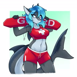 Size: 4096x4096 | Tagged: safe, artist:ambris, oc, oc only, oc:erika (ambris), fish, shark, anthro, 2020, absurd resolution, belly button, border, breasts, clothes, digital art, female, fins, fish tail, frowning, irony, lifeguard, shark tail, simple background, solo, solo female, tail, white border