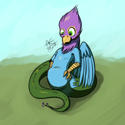 Size: 2000x2000 | Tagged: safe, artist:denton, artist:gyrotech, edit, oc, oc only, oc:gyro feather, oc:gyro feather (couatl), bird, couatl, feathered serpent, feline, fictional species, galliform, gryphon, mammal, peacock gryphon, peafowl, reptile, snake, feral, lamia, beak, bird feet, blue feathers, blue fur, claws, color edit, feathered wings, feathers, fur, green eyes, green feathers, high res, male, pink feathers, slightly chubby, snake tail, solo, solo male, tail, talons, wings