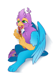 Size: 2121x3000 | Tagged: safe, artist:arctic-fox, oc, oc only, oc:gyro feather, oc:gyro feather (gryphon), bird, feline, fictional species, galliform, gryphon, mammal, peacock gryphon, peafowl, feral, beak, bird feet, blue feathers, blue fur, candy, claws, feathered wings, feathers, food, fur, green eyes, high res, licking, lollipop, male, paws, pink feathers, solo, solo male, tail, tail tuft, talons, tongue, tongue out, wings