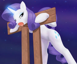 Size: 699x588 | Tagged: suggestive, artist:z-lion, rarity (mlp), equine, fictional species, mammal, pony, unicorn, feral, friendship is magic, hasbro, my little pony, apple, apple gag, bondage, female, gagged, herbivore, horn, mare, pillory, solo, solo female, stocks, tail