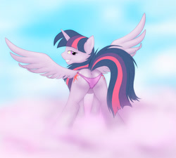 Size: 1200x1081 | Tagged: suggestive, artist:z-lion, twilight sparkle (mlp), alicorn, equine, fictional species, mammal, pony, feral, friendship is magic, hasbro, my little pony, clothes, cutie mark, feathered wings, feathers, female, hair, horn, looking at someone, looking at you, looking back, looking back at you, mane, mare, panties, purple body, purple eyes, rear view, smiling, solo, solo female, tail, teeth, underwear, wings