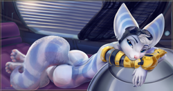 Size: 3300x1740 | Tagged: suggestive, artist:viwrastupr, rivet (r&c), fictional species, lombax, mammal, anthro, ratchet & clank, bedroom eyes, butt, ear piercing, female, fur, goggles, high res, piercing, prosthetic arm, prosthetics, solo, solo female