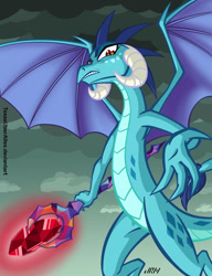 Size: 720x937 | Tagged: safe, artist:texasuberalles, princess ember (mlp), dragon, fictional species, western dragon, anthro, feral, friendship is magic, hasbro, my little pony, spoiler:gauntlet of fire (mlp:fim), 2d, blue body, blue scales, cloud, curled horns, dragoness, female, flying, gritted teeth, hand hold, holding, horns, looking at you, looking down at you, low angle, scepter, signature, sky, solo, solo female, tail, webbed wings, wings