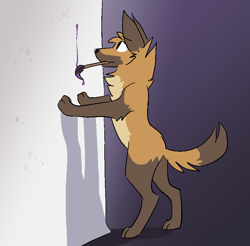 Size: 836x822 | Tagged: safe, artist:theroguez, oc, oc only, oc:rayj (theroguez), canine, coydog, coyote, dog, hybrid, mammal, feral, 2020, against wall, bipedal, brown fur, digital art, female, fluff, fur, looking at something, paint, paintbrush, solo, solo female, tail, tail fluff, tan fur, wall