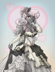 Size: 1280x1656 | Tagged: safe, artist:mingle, oc, oc only, oc:mingle, earth pony, equine, fictional species, mammal, pony, anthro, friendship is magic, hasbro, my little pony, anthrofied, blushing, breasts, choker, cleavage, clothes, dress, evening gloves, female, fingerless gloves, gloves, heart, long gloves, looking at you, smiling, solo, solo female