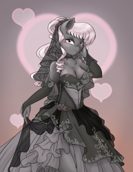 Size: 1280x1656 | Tagged: safe, alternate version, artist:mingle, oc, oc only, oc:mingle, earth pony, equine, fictional species, mammal, pony, anthro, friendship is magic, hasbro, my little pony, anthrofied, blushing, breasts, choker, cleavage, clothes, dress, evening gloves, female, fingerless gloves, gloves, heart, long gloves, looking at you, mare, smiling, solo, solo female