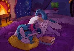 Size: 4096x2875 | Tagged: safe, artist:yoditax, princess celestia (mlp), twilight sparkle (mlp), alicorn, equine, fictional species, mammal, pony, unicorn, feral, friendship is magic, hasbro, my little pony, bed, book, cuddling, cute, duo, duo female, eyes closed, feathered wings, feathers, female, females only, fireplace, folded wings, hair, hair bun, high res, horn, hug, lying down, mare, pillow, prone, sleeping, smiling, tail, wings