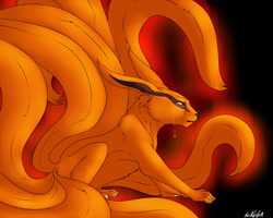 Size: 1000x800 | Tagged: safe, artist:backlash91, kurama (naruto), nine-tails (naruto), canine, fictional species, fox, kitsune, mammal, feral, naruto (series), brown fur, cheek fluff, claws, colored pupils, crying, fluff, fur, long ears, looking at something, male, multiple tails, orange fur, paws, poem in the description, raised tail, red eyes, side view, slit pupils, solo, solo male, tail