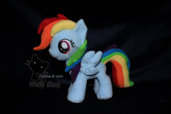 Size: 1200x800 | Tagged: safe, artist:wollyshop, rainbow dash (mlp), equine, fictional species, mammal, pegasus, pony, feral, friendship is magic, hasbro, my little pony, 2012, feathered wings, feathers, female, filly, foal, folded wings, hair, irl, mane, photo, photographed artwork, plushie, rainbow hair, rainbow mane, rainbow tail, smiling, solo, solo female, tail, watermark, wings, young, younger