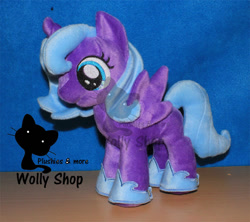 Size: 902x800 | Tagged: safe, artist:wollyshop, princess luna (mlp), alicorn, equine, fictional species, mammal, pony, unicorn, feral, friendship is magic, hasbro, my little pony, clothes, feathered wings, feathers, female, filly, foal, folded wings, horn, irl, photo, photographed artwork, plushie, shoes, smiling, solo, solo female, tail, watermark, wings, young, younger