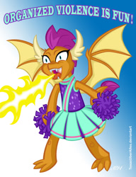 Size: 720x937 | Tagged: safe, artist:texasuberalles, smolder (mlp), dragon, fictional species, western dragon, feral, friendship is magic, hasbro, my little pony, bipedal, bottomwear, cheerleader, cheerleader outfit, claws, clothes, dialogue, dragoness, dress, fangs, female, fire, fire breathing, gradient background, horns, pom pom, shrunken pupils, skirt, slit pupils, solo, solo female, spread wings, tail, talking, teenaged dragon, teenager, teeth, webbed wings, wings