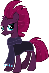 Size: 4000x5956 | Tagged: safe, alternate version, artist:radomila radon, tempest shadow (mlp), equine, fictional species, mammal, pony, unicorn, feral, friendship is magic, hasbro, my little pony, my little pony: the movie, .svg available, absurd resolution, broken horn, cloak, clothes, female, horn, looking at you, mare, scarf, simple background, smiling, solo, solo female, tail, transparent background, vector