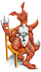 Size: 582x1028 | Tagged: safe, artist:crystalline, fictional species, guilmon, reptile, feral, digimon, digimon tamers, bipedal, chair, claw, claws, looking at you, male, sharp teeth, simple background, sitting, smiling, solo, solo male, tail, teeth, waving, white background