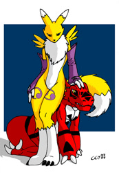 Size: 552x800 | Tagged: safe, artist:windgrowler, fictional species, guilmon, renamon, anthro, digimon, digimon tamers, 2007, ambiguous gender, bipedal, claws, duo, duo ambiguous, sharp teeth, tail, teeth