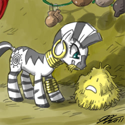 Size: 900x900 | Tagged: safe, artist:johnjoseco, zecora (mlp), equine, mammal, zebra, feral, friendship is magic, hasbro, my little pony, bracelet, ear piercing, earring, eating, female, hay, herbivore, jewelry, necklace, piercing, solo, solo female, tail
