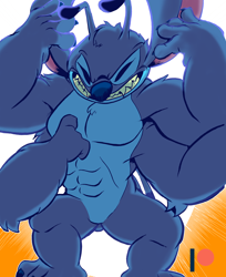 Size: 3300x4036 | Tagged: safe, artist:iyzeekiil, stitch (lilo & stitch), alien, experiment (lilo & stitch), fictional species, anthro, disney, lilo & stitch, 2018, 4 arms, abs, antennae, back spines, blue fur, blue nose, chest fluff, featureless chest, featureless crotch, fluff, fur, grin, head fluff, male, muscles, muscular, muscular male, nippleless, patreon logo, solo, solo male, standing, tail