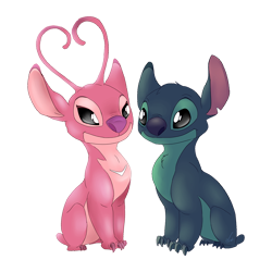 Size: 1000x1000 | Tagged: safe, artist:marie delannoy, angel (lilo & stitch), stitch (lilo & stitch), alien, experiment (lilo & stitch), fictional species, feral, disney, lilo & stitch, 2d, antennae, black eyes, blue fur, blue nose, chest marking, duo, duo male and female, ears, eye contact, female, fur, heart, male, pink fur, purple nose, simple background, smiling, tail, torn ear, transparent background