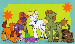 Size: 800x466 | Tagged: safe, artist:justasuta, daphne blake (scooby-doo), fred jones (scooby-doo), scooby-doo (scooby-doo), shaggy norville rogers (scooby-doo), spike (mlp), velma dinkley (scooby-doo), canine, dog, dragon, earth pony, equine, fictional species, great dane, mammal, pegasus, pony, unicorn, western dragon, feral, semi-anthro, friendship is magic, hanna-barbera, hasbro, my little pony, scooby-doo (franchise), crossover, female, feralized, furrified, group, hooves, horn, magnifying glass, male, mare, ponified, raised hoof, species swap, stallion, tail