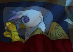 Size: 1000x714 | Tagged: safe, artist:backlash91, gilda (mlp), bird, feline, fictional species, gryphon, mammal, feral, comic:to love a griffon, friendship is magic, hasbro, my little pony, 2014, beak, bed, bedside table, blanket, book, brown feathers, chest fluff, comic, eyelashes, eyes closed, feathers, female, fluff, in bed, moonlight, night, on bed, pillow, purple feathers, ring, sleeping, solo, solo female, story included, top view, white feathers, yellow body