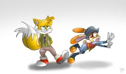 Size: 800x466 | Tagged: dead source, safe, artist:anajgolden, cream the rabbit (sonic), judy hopps (zootopia), miles "tails" prower (sonic), nick wilde (zootopia), canine, fox, lagomorph, mammal, rabbit, red fox, anthro, disney, sega, sonic the hedgehog (series), zootopia, 2018, cosplay, crossover, dipstick tail, duo, female, fluff, male, multiple tails, orange tail, tail, tail fluff, two tails, white tail