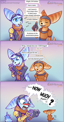 Size: 1200x2277 | Tagged: safe, artist:viwrastupr, ratchet (r&c), rivet (r&c), fictional species, lombax, mammal, anthro, ratchet & clank, angry, big ears, blue eyes, blue fur, blushing, cell phone, clothes, comic, dialogue, duo, ears, english text, female, floppy ears, fur, goggles, hair, hand hold, holding, male, onomatopoeia, orange fur, phone, prosthetic arm, prosthetics, ringtail, scarf, shirt, smartphone, smiling, speech bubble, tail, talking, text, topwear