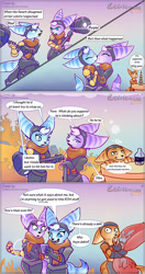 Size: 1200x2277 | Tagged: safe, artist:viwrastupr, ratchet (r&c), rivet (r&c), fictional species, lombax, mammal, anthro, ratchet & clank, alcohol, clothes, comic, dakimakura, drink, drunk, fantasy, female, female/female, fighting, french kiss, hammer, kissing, lesbian in front of boys, male, prosthetic arm, prosthetics, scarf, shirt, smiling, surprised, text, topwear