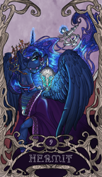 Size: 822x1425 | Tagged: safe, artist:sourcherry, princess luna (mlp), alicorn, equine, fictional species, mammal, pony, feral, friendship is magic, hasbro, my little pony, abstract background, blue body, blue fur, blue hair, clothes, crescent, cyan eyes, feathered wings, feathers, female, fur, hair, hooves, horn, looking at something, magic, mare, nouveau, side view, solo, solo female, tarot, tarot card, teeth, text, wings