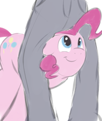 Size: 425x506 | Tagged: dead source, safe, artist:braeburned, pinkie pie (mlp), earth pony, equine, fictional species, human, mammal, pony, feral, friendship is magic, hasbro, my little pony, 2012, blue eyes, bottomwear, clothes, cute, cutie mark, duo, faceless character, fur, hair, head between legs, low res, pants, personal space invasion, pink fur, silly, sketch, smiling, tail
